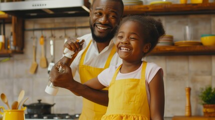 An African-American man and a young girl, probably father and daughter, share a joyous moment in the kitchen. They wear matching aprons and cook together