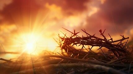 Fototapeta premium A crown of thorns lying on the ground with a blurry sunset in the background.