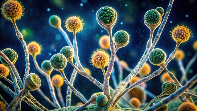 Microscopic view of Fusarium fungus, a common plant pathogen, showcasing its characteristic curved conidia and vegetative hyphae on a dark background under bright illumination.