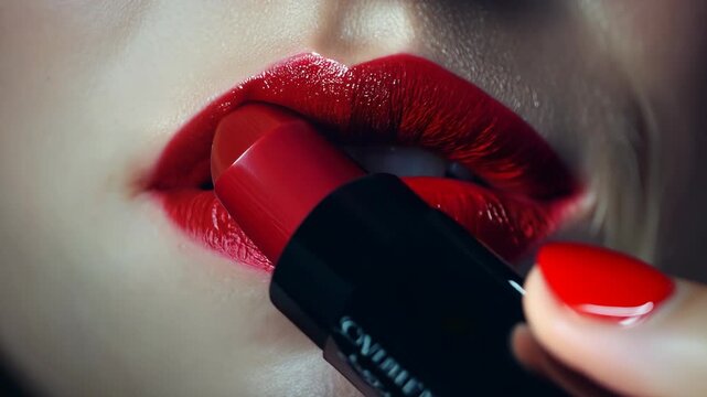 Close-up of Red Lips with Lipstick Application in a Glamorous Style