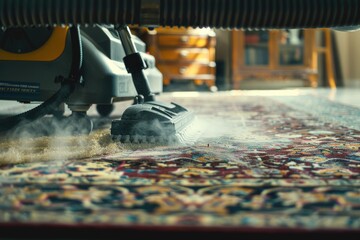 A person using a steam cleaner on a carpet, with the machine's hose and handle visible