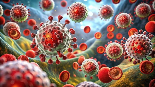 Microscopic view of inflamed tissue with red blood cells, white blood cells, and damaged cells, illustrating the body's response to infection or injury.