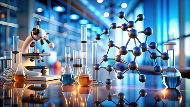 Microscopic view of NDMA (N-Nitrosodimethylamine) molecules, a potential carcinogen, hovering above a blurred laboratory background with petri dishes and scientific instruments.