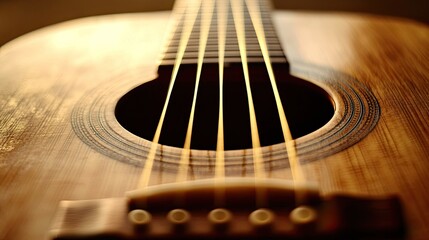 Detailed view of an acoustic guitar's body, with focus on the strings and wood grain, highlighting the beauty of the instrument