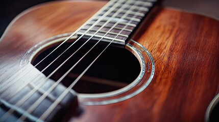 Detailed view of an acoustic guitar's body, with focus on the strings and wood grain, highlighting the beauty of the instrument