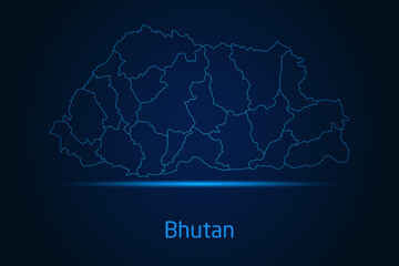 Abstract High Detailed Glow Blue Map on Dark Background of Map of Bhutan symbol for your web site design map logo, app, Travel. Vector illustration eps 10.