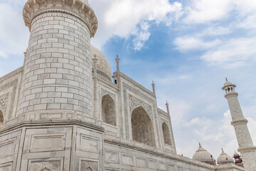 Taj mahal is a white marble mausoleum on the bank of the yamuna river in agra city, uttar pradesh state, India