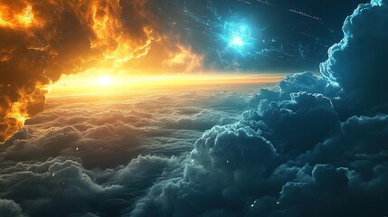 Fototapeta premium Celestial Clash: A mesmerizing, abstract depiction of fire and ice clashing in the heavens, creating a dramatic spectacle of cosmic power and elemental conflict.