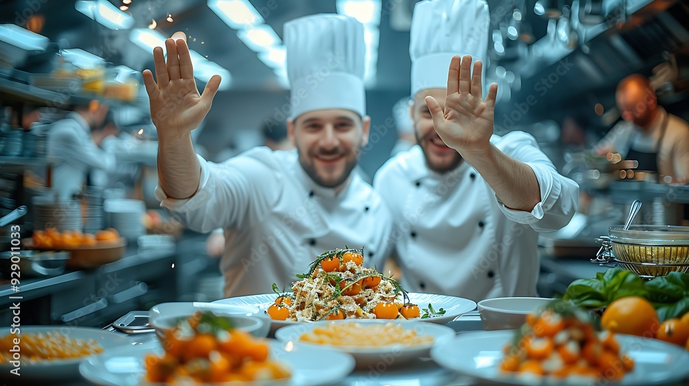 Wall mural A cinematic shot of two chefs in crisp white uniforms celebrating with a high five in a modern kitchen, with the focus on a beautifully plated dish in the foreground.