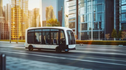 Fototapeta premium An advanced autonomous bus travels smoothly through a stylish city avenue lined with gleaming glass buildings during a radiant sunrise.