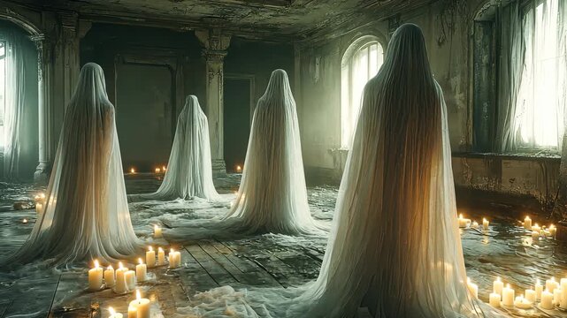 Four ghosts slowly turning in abandoned building