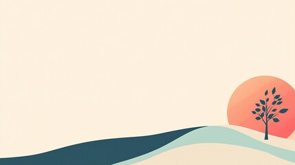 Obraz premium Minimalist Sunset Landscape: A serene, minimalist illustration depicting a solitary tree standing against a vibrant sunset over a gentle landscape. The image evokes a sense of tranquility and peace.