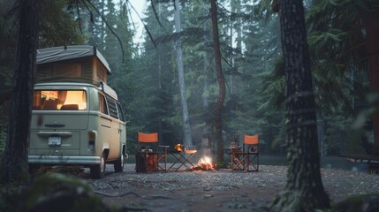 Obraz premium A serene camping scene in a lush forest featuring a retro van, cozy campfire, and chairs, under the cool shade of towering pine trees, creating a perfect nature retreat.