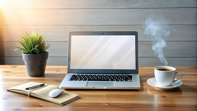 Minimalist desk setup with laptop computer and blank username password login screen, surrounded by scattered papers and a steaming cup of coffee.