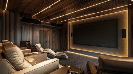 Fototapeta premium A luxurious home theater with plush reclining seats and ambient lighting, creating the perfect environment for a premium cinematic experience.