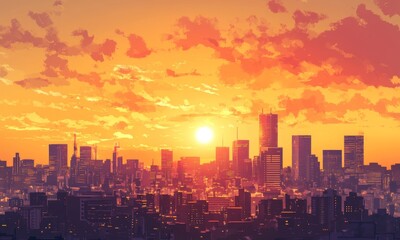 Fototapeta premium Enchanted anime-style City Skyline at Golden Hour: A Creative Marketing Concept Illustrating the Commuter's Journey,Anime-Style,illustration,Picture BooksFor Poster,Novel,UI,WEB,Game,Design,Abstract