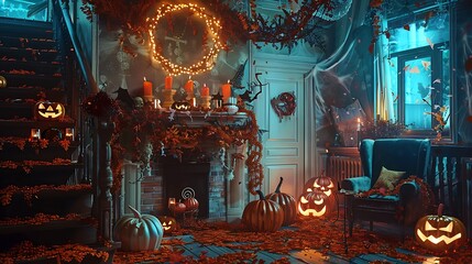 Interior of house decorated with holiday of halloween