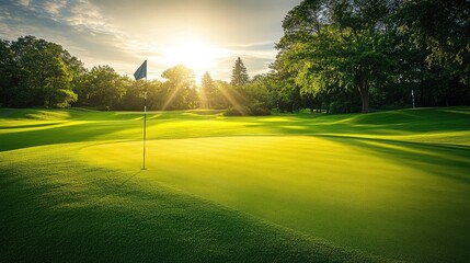 Golf flag billowing in the breeze, surrounded by lush green fairways, with sun rays casting a warm glow on a serene course.