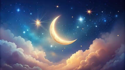 Naklejka premium Minimalist illustration of a delicate crescent moon in soft, glowing hues, surrounded by subtle stars and gentle, whispy clouds in a serene nighttime sky.