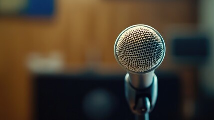 Fototapeta premium Microphone on a stand in a conference room, with the background slightly blurred to emphasize the anticipation of a speech or performance