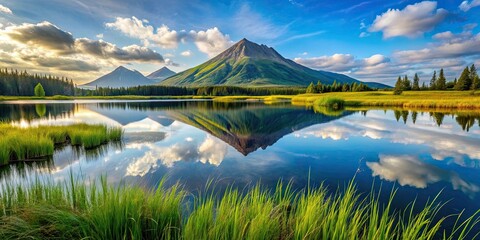 Fototapeta premium Lake surrounded by grass with a reflection of a mountain peak in the water, nature, landscape, reflection, mountains, beauty