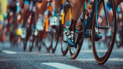 Naklejka premium Cyclists racing on a lively street during a summer competition event in the city