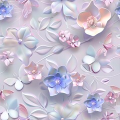 3D seamless pattern with colorful pastel flowers and butterflies on soft gray background.
