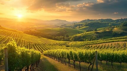 Fototapeta premium Rolling hills blanketed with lush vineyards under a golden sunset, casting warm light over the landscape, ideal for retirement backgrounds.