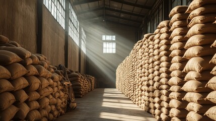 Rows of neatly stacked sacks of rice in a large warehouse, ready for distribution, with the sunlight streaming in from high windows