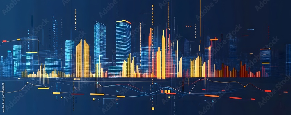 Poster abstract digital skyline with data visualization