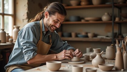 A passionate potter beams with pride beside a beautiful pottery piece in his studio, with earthy tones highlighting his joyful expression.