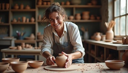 A passionate potter beams with pride beside a beautiful pottery piece in his studio, with earthy tones highlighting his joyful expression.