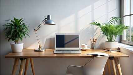 Minimalist workspace featuring a sleek laptop centered on a tidy, organized desk with a few essential items, surrounded by a clean and clutter-free environment.