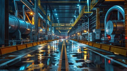 Fototapeta premium Nighttime View of a Well-Lit Chiller Plant with Operational Status Indicators - Energy and Industrial Scene