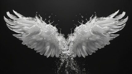 Water splashing forms angelic wings against a dark background