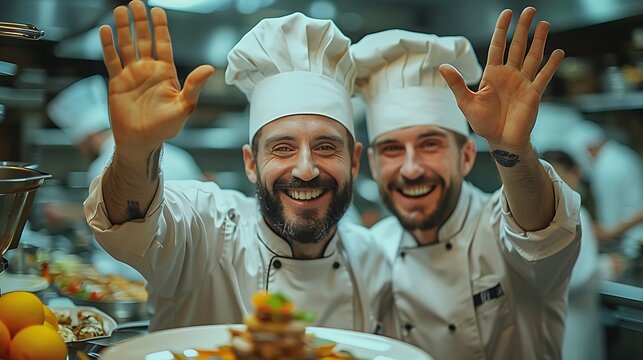 A dynamic shot of two chefs high-fiving in a gourmet kitchen, with the background showing a plated dish of artistic culinary presentation, and the kitchen filled with tools, ingredients,
