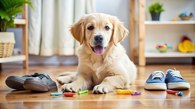 Mischievous golden retriever puppy sitting on a messy floor surrounded by scattered toys, with a chewed-up shoe lying nearby, looking guilty but adorable.