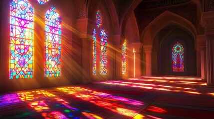 Obraz premium The serene interior of a mosque, bathed in the vibrant hues of light streaming through stained glass windows, creating a peaceful atmosphere