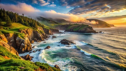 Obraz premium Misty dawn breaks over rugged coastline of Newfoundland, Canada, with rocky shores, lush green hills, and waves crashing against the shore in serene atmosphere.