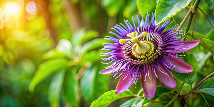 Purple Passion Flower blooming on vine in garden, organic food production, exotic fruit, purple, passion flower, vine