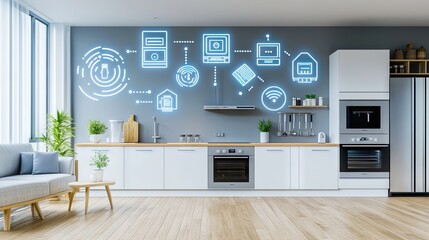 Discover the future of living with a 3D rendering of a smart home interior featuring cutting-edge technology in a modern kitchen, seamless living room, and cozy bedroom ambiance