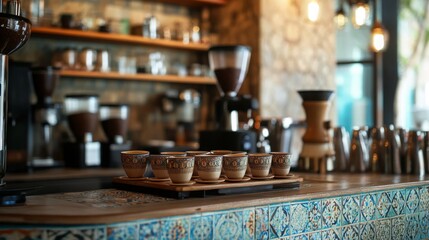 A warm coffee shop features artisan cups on a wooden tray, with brewing equipment and a decorative tile counter illuminated by soft morning light.