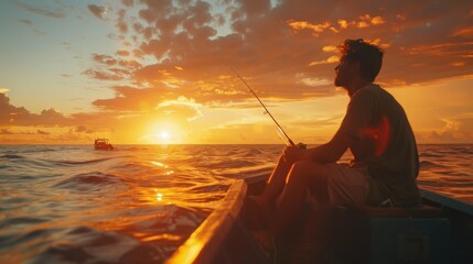 silhouette of a fisherman in a boat with a fishing rod on a quiet lake.