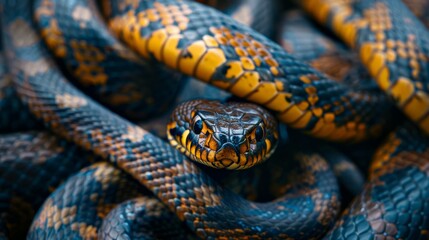 Fototapeta premium Colorful snake resting among vibrant foliage during a sunny afternoon