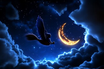 Fototapeta premium Soar through the night sky on a broomstick with a witch