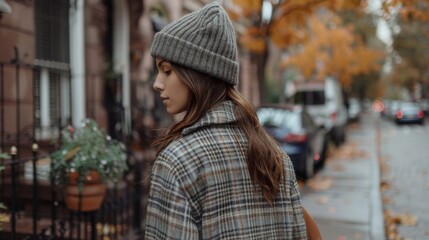 A young woman strolls down a tree-lined street adorned with autumn leaves, wearing a warm beanie and a stylish plaid coat.