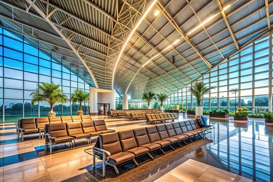 Modern airport terminal with sleek architecture, natural light, and comfortable seating, bustling with travelers, showcases Mopa Goa's newly opened state-of-the-art aviation infrastructure.
