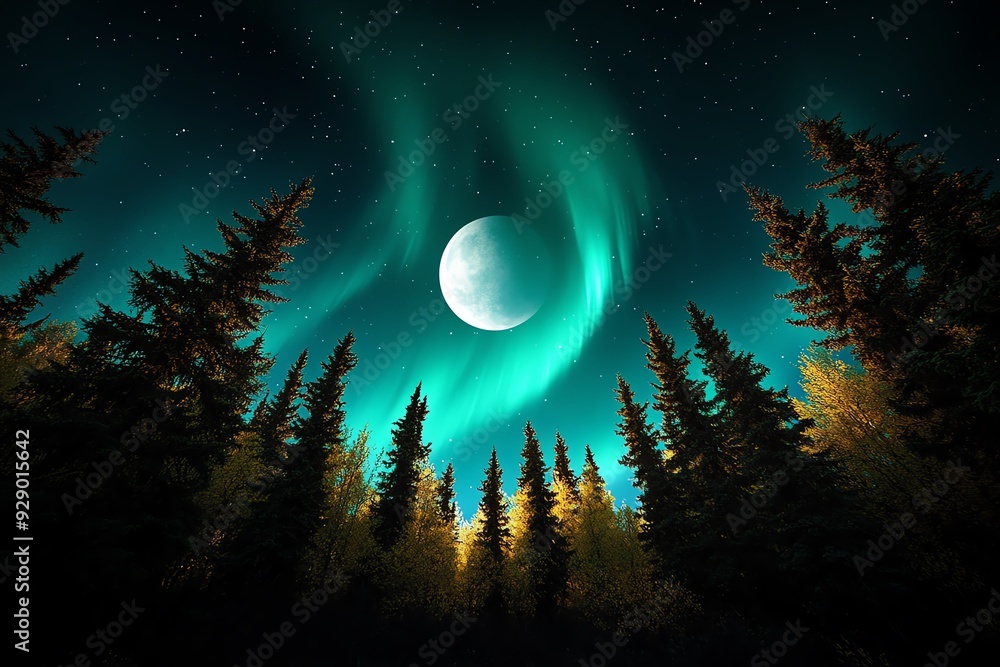 Poster the aurora borealis lighting up a dense forest of pine trees, with a full moon rising in the backgro
