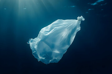 Fototapeta premium A delicate plastic bag floats gracefully beneath the water's surface, highlighting the serene beauty of ocean life.