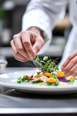 A chef meticulously decorates a sophisticated appetizer plate in a modern kitchen